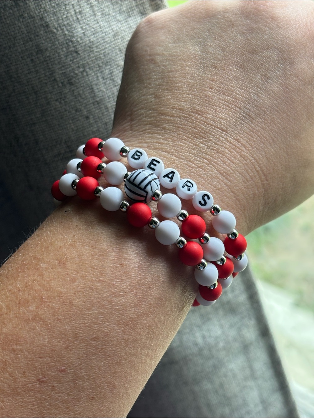 BEARS VOLLEYBALL Red and White Beaded Stretch Bracelet Set